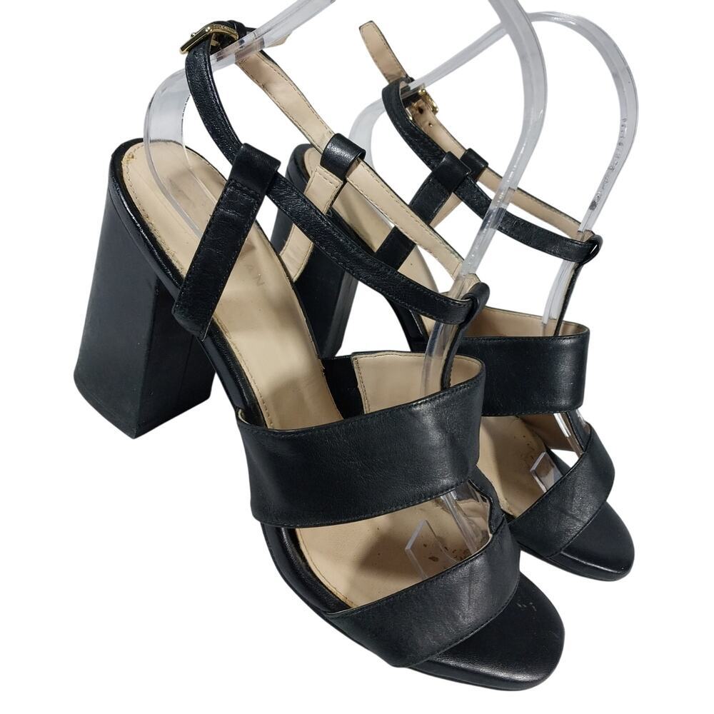 COLE HAAN! BLACK GENUINE LEATHER DOUBLE T-STRAP & BUCKLE CHUNKY HEELS! SZ 7B